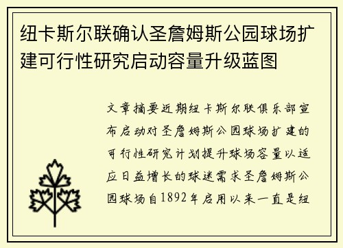 纽卡斯尔联确认圣詹姆斯公园球场扩建可行性研究启动容量升级蓝图 纽卡斯尔联确认圣詹姆斯公园球场扩建可行性研究启动容量升级蓝图