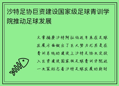 沙特足协巨资建设国家级足球青训学院推动足球发展